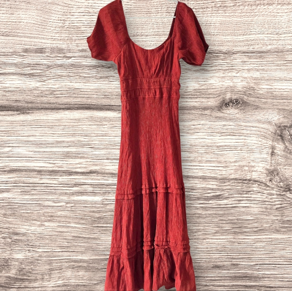Rusty Orange Maxi Prairie Dress Off Shoulder Tiered Ruffle Whimsical Cottagecore